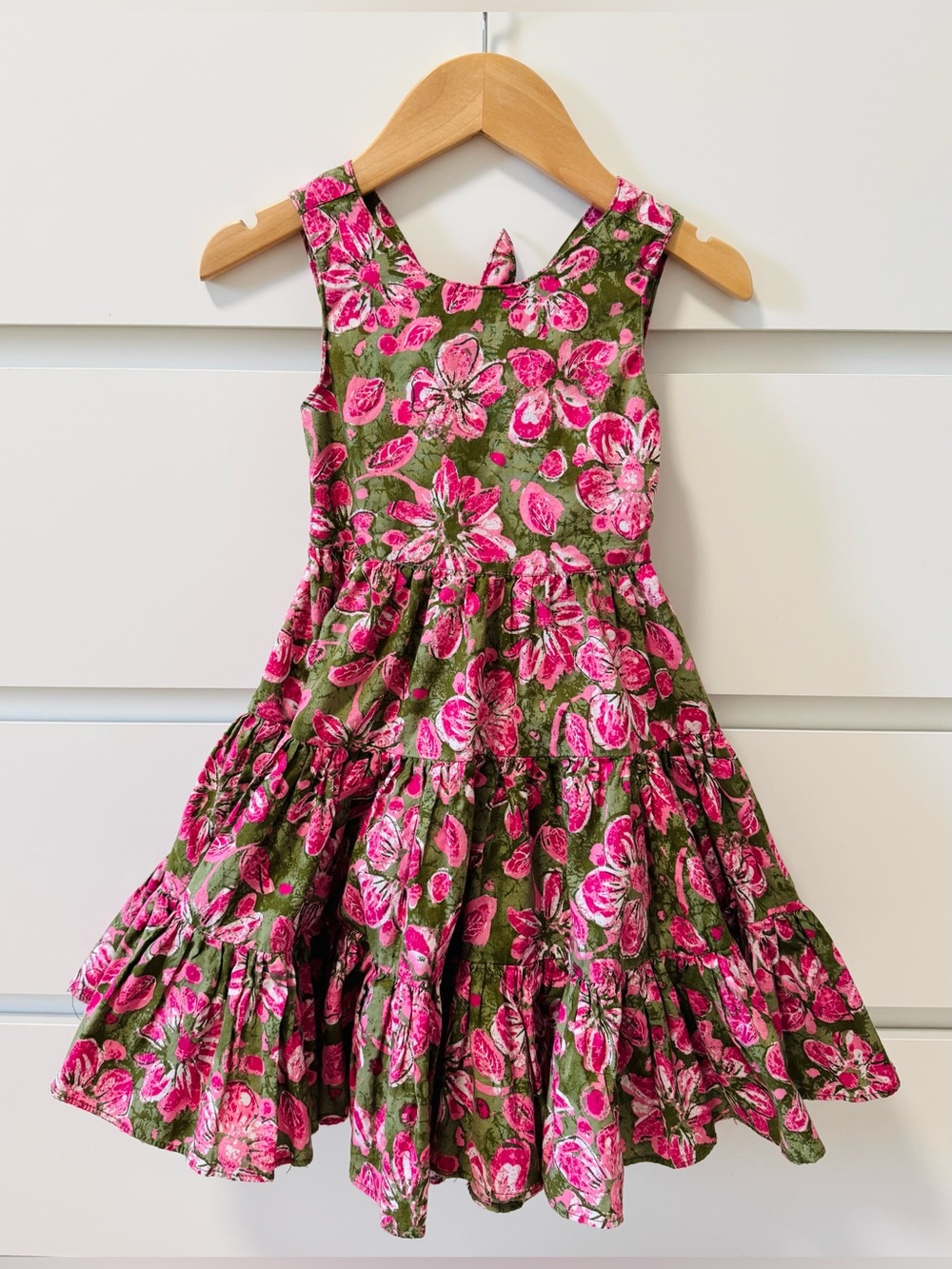 Vintage Rare Maggie & Zoe Olive Green & Hot Pink Floral Tiered Dress -Size: 4T